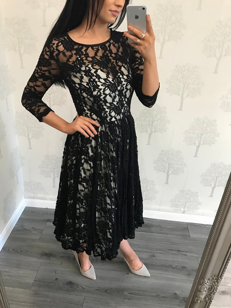 Kylie Black Full Lace Netted Under Layer Dress